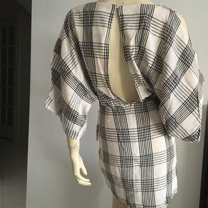 Ivory and black plaid backless mini dress
